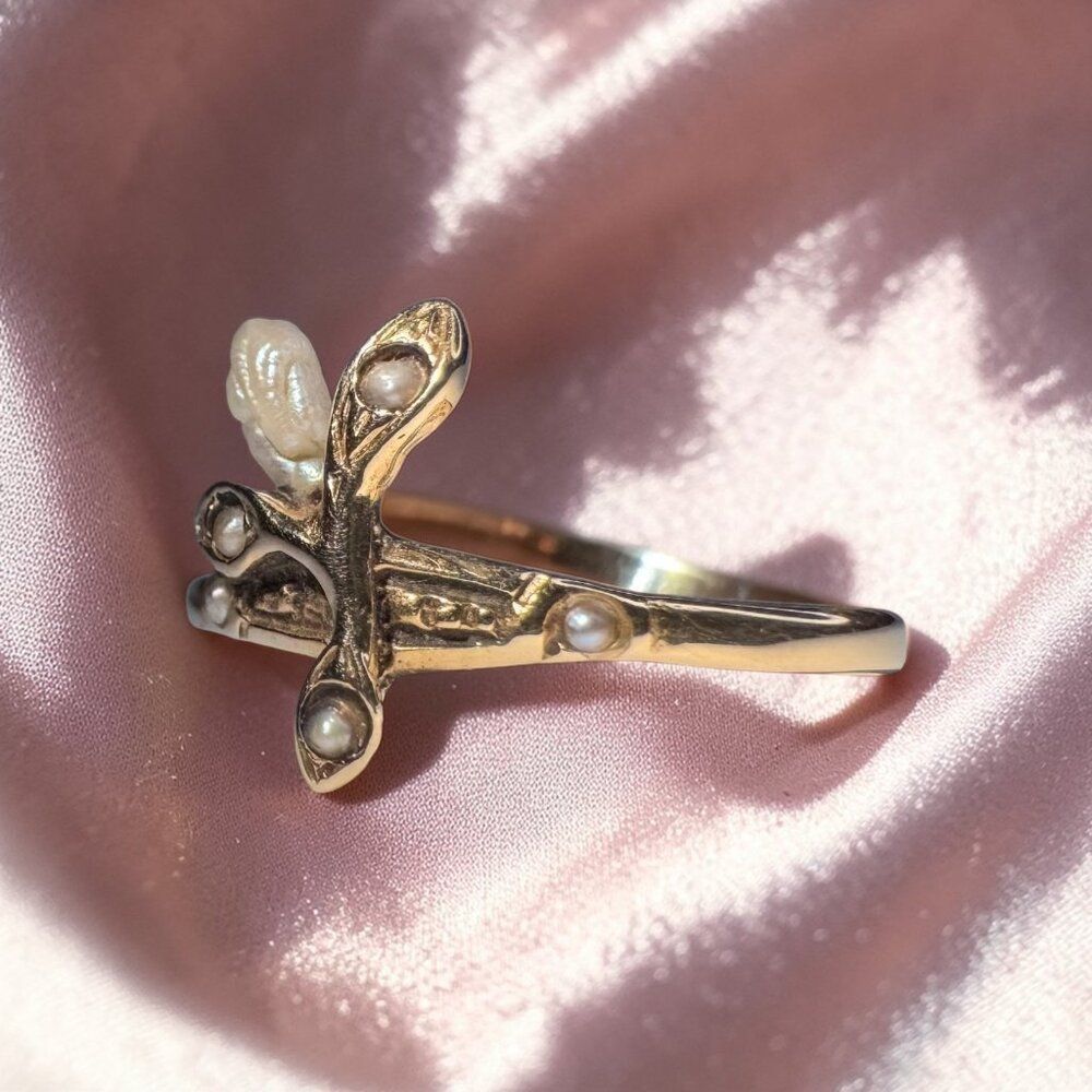 ANTIQUE- Art Nouveau - 14K Gold- Baroque Pearl & Seed Pearl Ring -Size 6.5 -1.2g - Picture 10 of 17